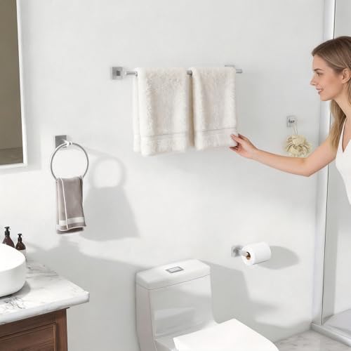 KLJKPA Brushed Nickel Bathroom Hardware Set, 24 inch Towel Racks for Bathroom, Stainless Steel Bathroom Accessories Set, Wall Mounted, 4-Piece - color: Brushed Nickel