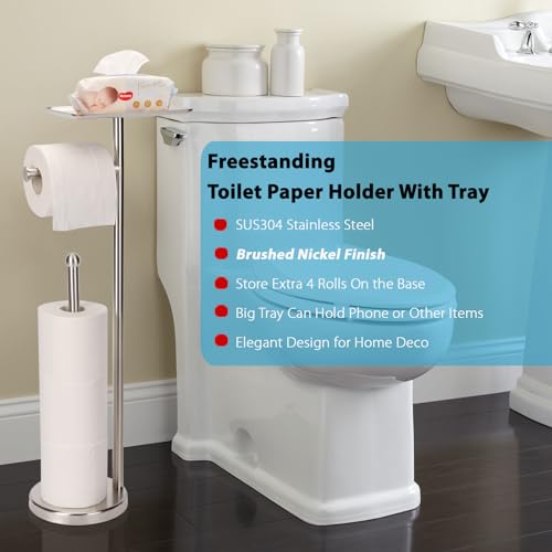 Noonext Toilet Paper Holder with Shelf, Freestanding Toilet Paper Stand with Tray for Small Items, Toilet Paper Holder Freestanding, Storage Space for 4 Extra Toilet Paper Rolls (Brushed Nickel) - color: Brushed Nickel