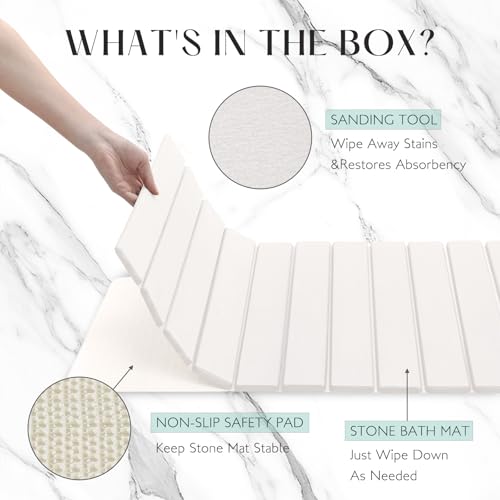 Large Stone Bath Mat, 30.2 x 23.5 Non-Slip Diatomaceous Earth Bath Mat, Ultra-Absorbent Quick-Drying Stone Drying Mat for Kitchen Bathroom Pet Bowl, Rollable & Foldable Stone Bath Mat, White XL - color: Folding Xl-white