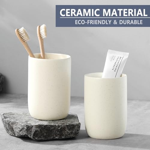 Beige Toothbrush Holders for Bathrooms - 2 Cups Ceramic Toothbrush Toothpaste Holders Set, Beige Bathroom Tumbler Cups Reusable Toothbrush Mouthwash Cup, Bathroom Counter Organizer - color: Beige, size: 2pcs