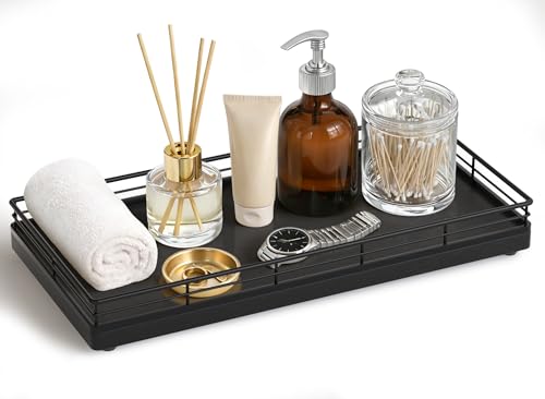 Bathroom Vanity Tray for Countertop, 12" x 6" Oak Wood Toilet Tank Tray | Metal Guardrail, Bathroom Organizer for Soap, Perfume & Skincare, Non-Slip Decorative Tray for Dresser & Vanity, Black - color: Black, size: 12" x 6" x 1.5"