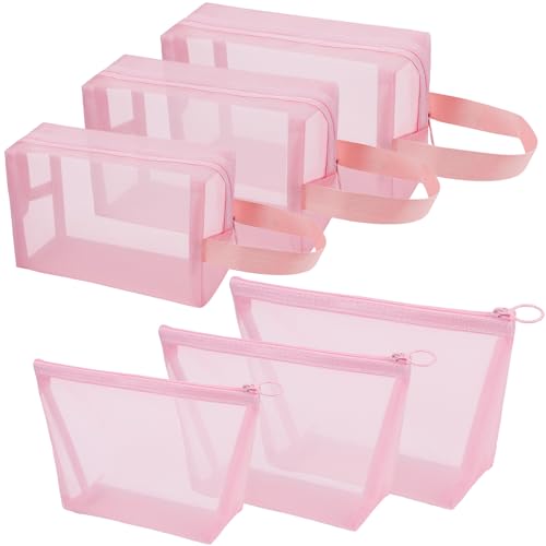 6 Pieces Zipper Mesh Makeup Bags Set, Nylon Cosmetic Bags Portable Clear Toiletry Bas Travel Organizer Bags for Office Travelling Organization (Pink, Assorted Size) - color: Pink