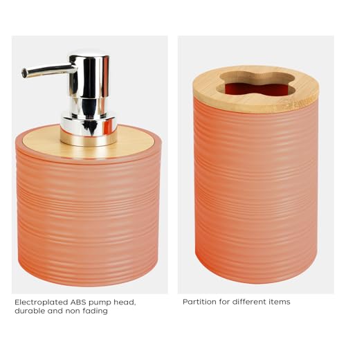 2 PCS Orange Bathroom Accessories Set, Soap Dispenser and Toothbrush Holder Set, Plastics & Bamboo Bathroom Set, Bohemian Style Bathroom Sink Set - color: Orange, size: 2 PCS