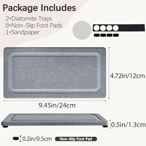 2 PCS Water Absorbing Stone Trays for Bathroom Sink & Kitchen Counter, Fast-Drying Diatomite Sink Coasters, Vanity Tray, Hand Soap Holder with Anti-Skid Pads (9.5" x 4.7" Gray) - color: 9.45" X 4.72" Grey