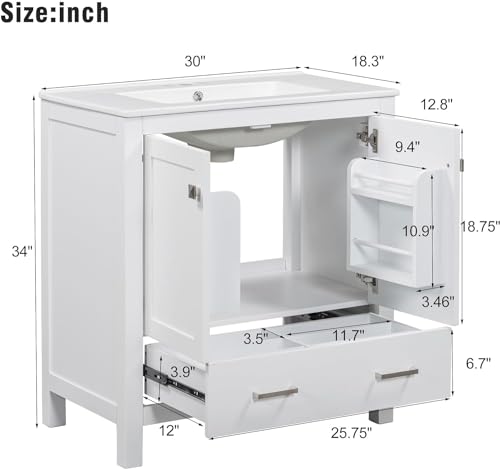 Linique 30" Modern Bathroom Vanity with Sink Combo Set, Solid Wood Frame Bathroom Storage Cabinet with 2 Soft Closing Doors and a Drawer, Multifunctional Storage, White - color: White