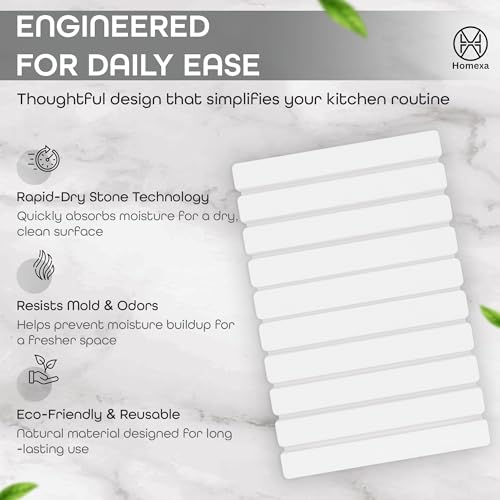 Stone Dish Drying Mat 24" x 16" – Dish Drying Stone Mat – Large Diatomaceous Earth Drying Mat with Non-Slip Base – Quick Dry Kitchen Drying Pad for Dishes, Glassware & Bottles (Solid White) - color: Solid White
