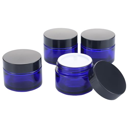 OverNews 4PCS 2oz Glass Jar Travel Size, Empty Cosmetic Lotion Container with Black Lid & Spatula, Small Mini Jar for Beauty (Blue) - color: Blue, size: 4