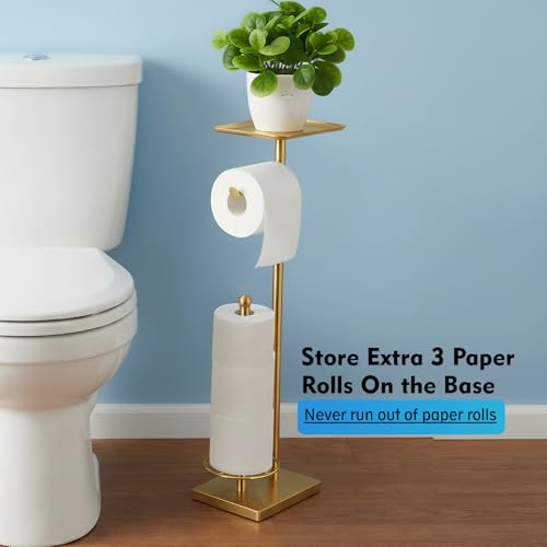 Gold Toilet Paper Holder with Shelf, Free Standing Toilet Paper Stand with Storage for Holding Extra 3 Rolls, Tissue Holder for Bathroom (Gold with Metal Base) - color: Gold With Metal Base
