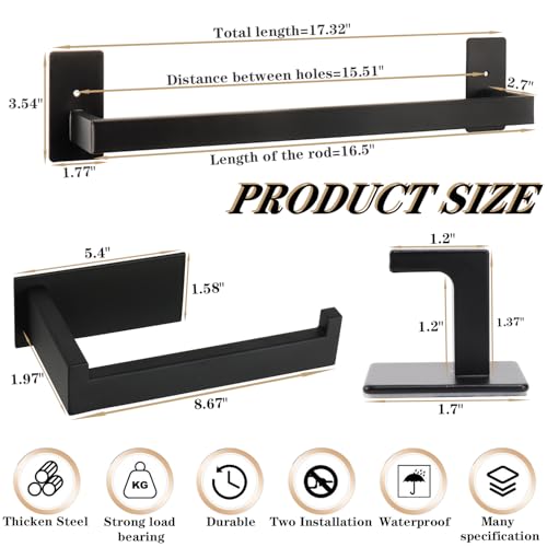 5 Pieces Self Adhesive Bathroom Hardware Set-SUS304 Stainless Steel-Towel Rack Set Include 16″Towel Bar+Toilet Paper Holder+3 Towel/Robe Hooks Bathroom Accessory (Matte Black, 16 in)