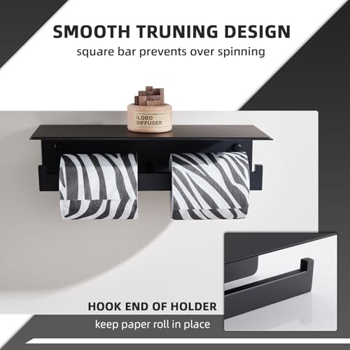 Angle Simple Matte Black Toilet Paper Holder with Shelf, 304 Stainless Steel Double Toilet Tissue Roll Holder for Wall - color: Matte Black, size: Double Rod