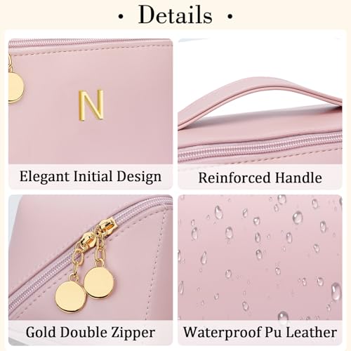 Initial Makeup Bag Gifts for Women Bridesmaid Gifts Travel Toiletry Personalized PU Leather Waterproof Cosmetic Bag (Medium-Pink-N) - color: MediumPink, style: N