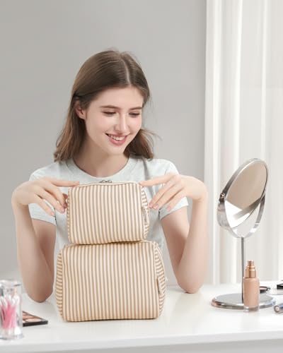 Narwey Striped Makeup Bag Travel Cosmetic Bag Organizer Toiletry Bag Make Up Bags with Compartments for Women Girls (Large,Brown Stripe) - color: A-Brown Stripe, style: Large
