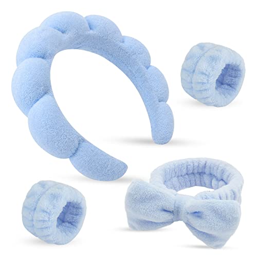 Headband for Washing Face and Wristband Set, Blue | Soft absorbent fabric, snug head-hugging fit for face washing, skincare, makeup, masks, travel, women and teen girls - color: Blue