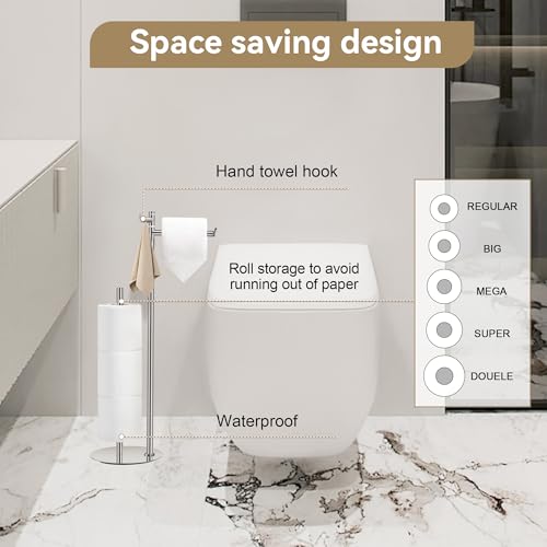 BGL Toilet Paper Holder Stand, SUS304 Stainless Steel Brushed Nickel, Weighted Base, Holds 5 Jumbo Rolls, Space-Saving Modern Bathroom Storage with Built-in Hook - color: Stainless Steel