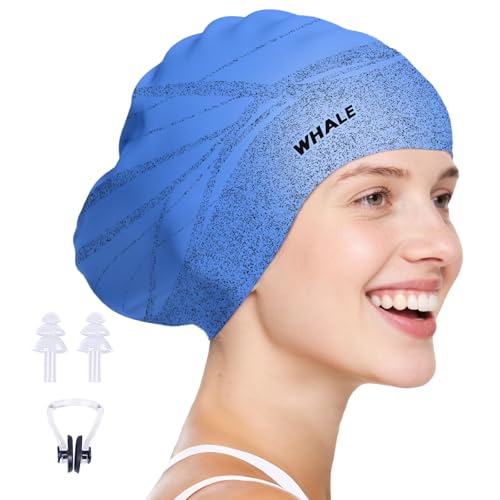 WHALE Extra Large Swim Cap Designed for Men and Women with Thick, Long Hair, Hair Extensions Or Afro-Textured Hair Long-Hair Swim Cap Highly Waterproof to Keep Hair Dry - color: Muted blue