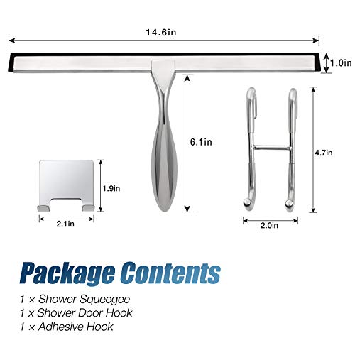 Simtive 14-Inch Shower Squeegee Set, Includes Shower Door Hook and Adhesive Hook, Squeegee for Shower Doors, Mirror and Window, Silver - color: Silver, size: 14-Inch