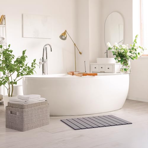 Stone Bath Mat for Bathroom – Roll-Up & Foldable | 23.62" x 15.75" | Quick Drying & Super Absorbent | Long Diatomite Stone Drying Mat for Kitchen| Non-Slip | Durable | Gray - color: Grey