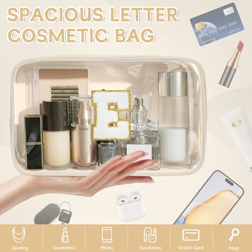 Initial Clear Makeup Bag, Birthday Gift Preppy Chenille Patch Cosmetic Bag, Initial Travel Essentials Beach Toiletry Pouch, Ideal Gift for Teachers & Moms, Women and Girls (Beige, E) - color: Beige, style: E