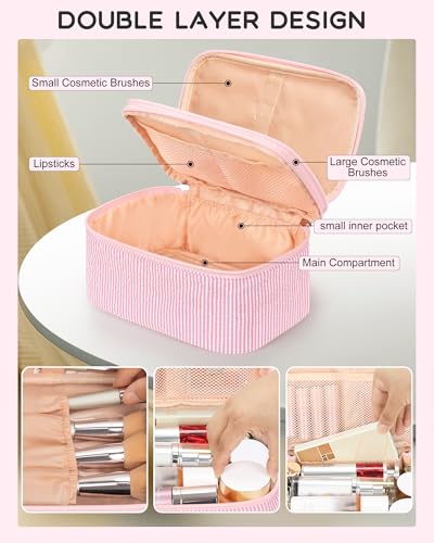 Relavel Large Makeup Bag, Portable Pink Cosmetic Bag for Girls, Dual-layer Makeup Pouch with Brush Holder, Multi-Functional Preppy Toiletry Organizer for Travel, Daily Use - Pink Strip - color: 01-Pink Strip, size: LARGE