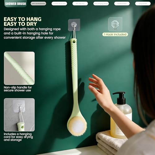 Back Scrubber for Shower, Long Handle Exfoliating Brush, Dual-Sided Bath Brush with Soft Bristles & Volcanic Pumice Stone, Anti-Slip Grip for Men & Women (Green) - color: Greenb