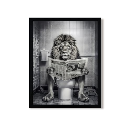 Urmoya Black and White Funny Majesty Lion Bathroom Wall Art, Animal Picture Bathroom Canvas Wall Decor, Majesty Lion on Toilet Reading Newspaper Modern Humor Painting Art Prints 8x10 Inch Wood Framed - color: Lion, size: 10"L x 8"W