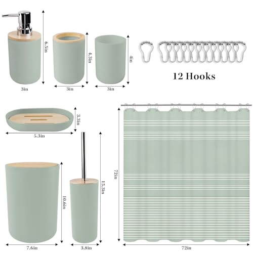 Britimes Bathroom Accessories Sets, Sage Green Shower Curtain Set with Trash Can, Soap Dispenser, Toilet Brush Holder, Toothbrush Holder and Toothbrush Cup for Bathroom Decor (Green) - color: Green