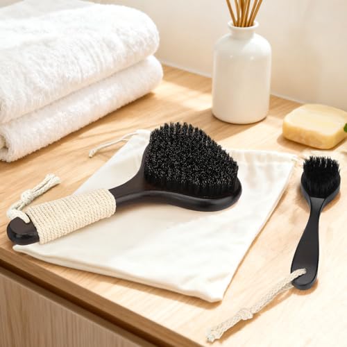 eaxun Bamboo Dry Brushing Set with Body and Face Brush, Dry Scrub Brush with Exfoliating Natural Boar Bristle for Lymphatic Drainage, Cellulite Reduction, Blood Circulation and Glowing Skin, 2 Pack - color: Stiff Boar Bristles