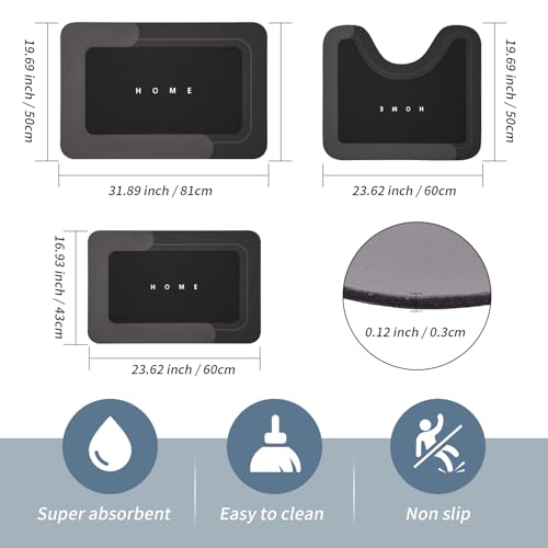 3PCS Absorbent Bath Mat Magic Rug Sets, Quick Drying Bath Mat Non-Slip Floor Rug Rubber Backed for Bathroom Kitchen Shower Sink (16.9''x23.6''+19.7''x23.6''+19.7''x31.9'', Black) - color: Black, size: 3 PCS