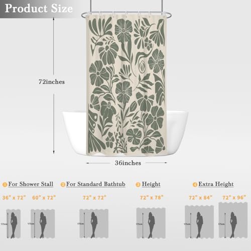 Stall Shower Curtain 36x72 inch, Sage Green Boho Floral Design Bathroom Decor, Narrow Small Size for Single Walk-in, Polyester Fabric with 7 Hooks - color: Green, size: 36"W x 72"L (Pack of 1)