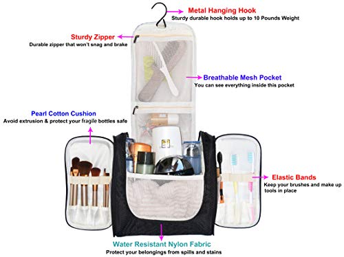 Freegrace Extra Large Hanging Toiletry Bag for Men and Women - Water-Resistant Nylon Travel Bathroom Organizer for Cosmetics, Makeup, and Toiletries - color: Black