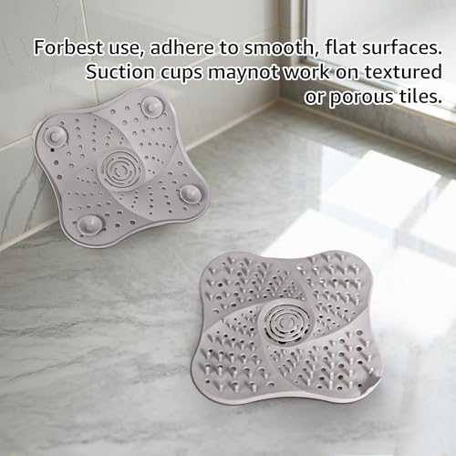 Silicone Hair Catchers Drain Screens 2-Pack, 5.31-inch Square Shower Drain Protectors Strainers with Suction Cup Suit for Showers, bathrooms, Sinks, Floor drains (Grey)