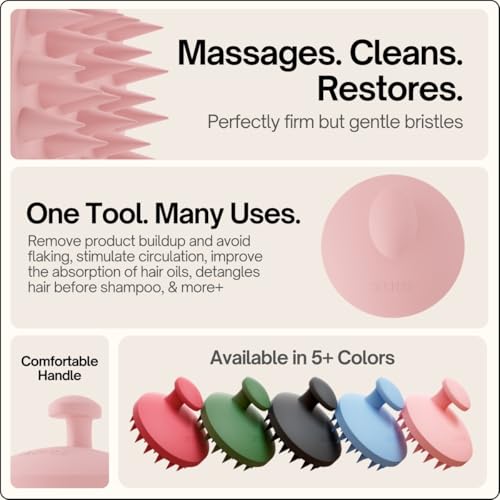 SXNSE - Revive Silicone Scalp Massager, Rose - Manual Hair & Scalp Scrubber for Dandruff, Buildup, Itch, & Hair Growth - Soft Exfoliating Silicone Bristles for Wet & Dry Hair, Flake-Free Finish - color: Rose