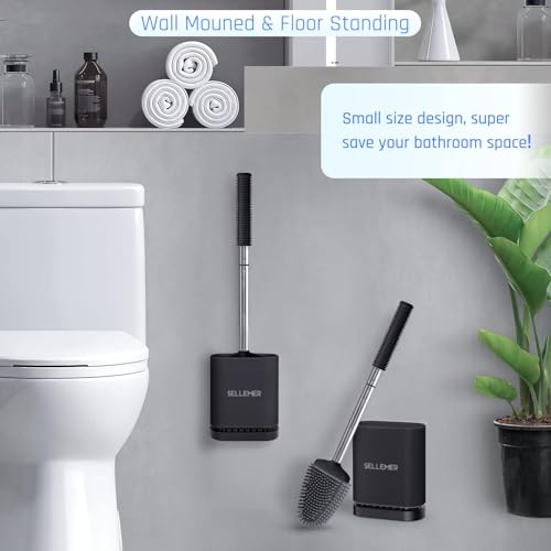 Sellemer Silicone Toilet Brush, Ventilation Slots Base Holder 4 Pack, Black | Flexible Bristles Flat Head for Rim, Hair Tangle-Free, Easy to Clean, Compact Design, Rustproof Handle, for Toilet/Sink/Tub - color: Black-4pcs