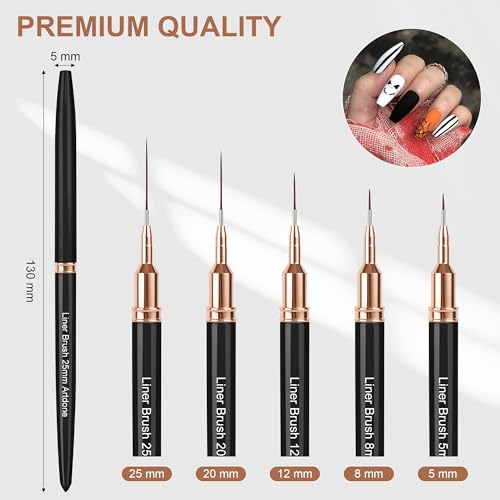 Artdone Metallic Nail Art Pens, Liner Brushes Set, 5PCS Black Nail Tools | For Long Lines, Thin Details, Fine Drawing, Liner Brush UV Gel Polish Painting Nail Design Sizes 5/8/12/20/25mm - color: Black Liner Brush Set