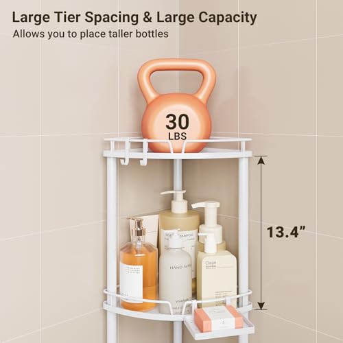 ELYKEN Corner Shower Caddy Standing, 3 Tier Rustproof Metal Shower Organizer with Soap Holder, Floor Shower Corner Shelf Rack Storage Stands with Adjustable Feet & 2 Hooks for Bathroom, White - color: White, size: 3 Tier