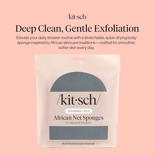 Kitsch African Net Sponge – Exfoliating Body Scrubber for Cleansing & Gentle Daily Exfoliation – Stretchable Bath Sponge for Hard-to-Reach Areas, Long-Lasting Shower Essential - Aqua Grey, 3 Pcs - color: Aqua Grey