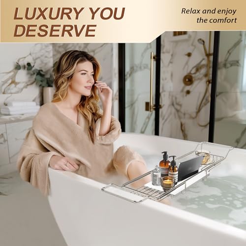 BVL Bathtub Tray Stainless Steel with Marble Base Chrome Bathtub Tray with White Marble Base Adjustable & Rustproof Bath Caddy for Spa, Relaxation, Bath Bombs - color: Chrome