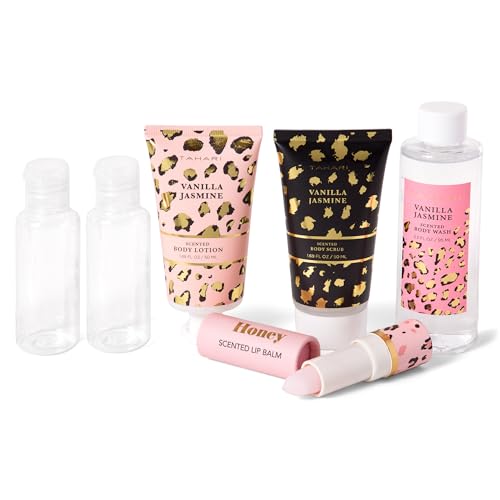 Tahari Vanilla Jasmine Spa Gift Set for Women – Luxurious Bath Kit with Body Lotion, Body Scrub, Body Wash & Lip Balm with Bag – Perfect Selfcare Gifts for Women (Leopard)