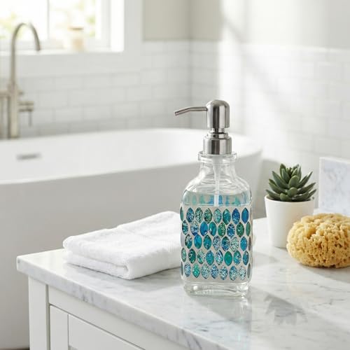 BOPPIE Handcrafted Mosaic Glass Soap Dispenser, Modern Countertop Hand & Dish Soap Dispenser for Bathroom/Kitchen, Refillable Liquid Soap Bottle with Stainless Steel Rust Proof Pump (Mosaic Blue) - color: Mosaic Blue