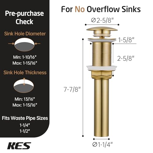 KES Sink Drain Stopper Without Overflow, Pop Up Drain for Bathroom Vessel Sink Brushed Gold 2 Pack, All Metal Rustproof Brass and 304 Stainless Steel, for 1.6"-1.9" Sink Hole, S2008D-BZ-P2 - color: Brushed Gold, style: NO Overflow, 2 Pack