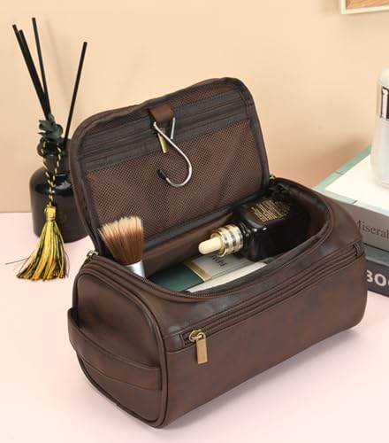 Toiletry Bag for Men, Travel Shaving Dopp Kit Water-resistant Bathroom Toiletries Organizer PU Leather Cosmetic Bags - color: coffee