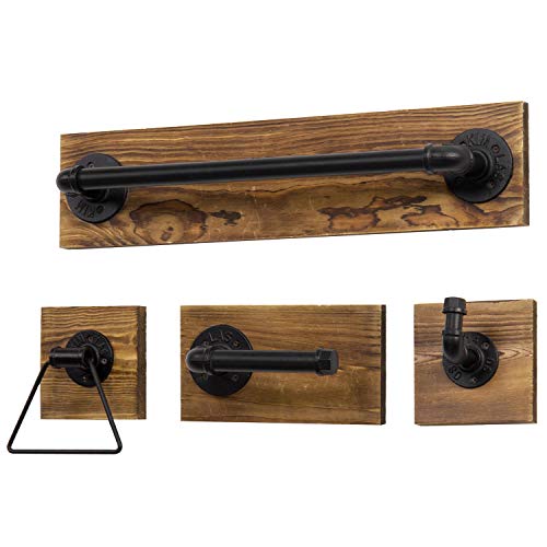 MyGift 4-Piece Bathroom Hardware Set Toilet Paper Holder with Burnt Wood and Industrial Matte Black Metal Pipe Includes, Towel Ring, Towel Bar and and Robe Hook - color: Burnt Wood