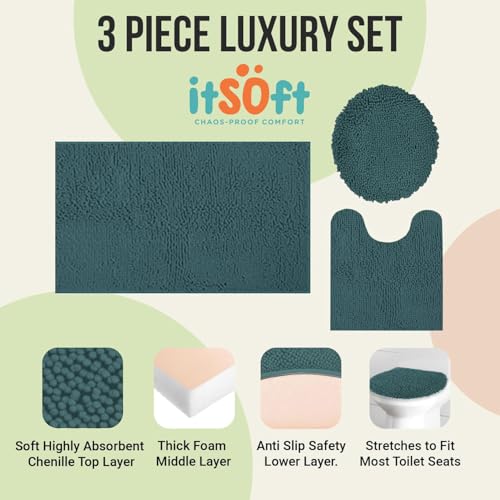 ITSOFT 3pc Non-Slip Shaggy Chenille Bathroom Mat Set, Includes 24"x21" U-Shaped Contour Toilet Rug, 34"x21" Inches Bathmat and 1 Toilet Lid Cover, Teal - color: Teal, size: 24''x21’’, 34’’x21’’ and TLC (Set)