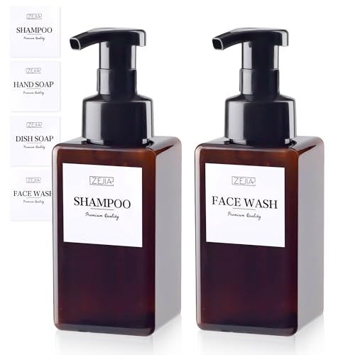 15OZ Foaming Soap Dispenser, 2-Pack Plastic Hand Soap Dispenser, Refillable Leakproof Foam Pump Bottle with Waterproof Labels, for Shampoo, Body Wash - color: Brown, size: 450ML