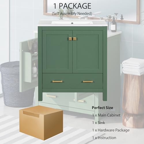 Linique 30" Modern Bathroom Vanity with Sink Combo Set, Solid Wood Frame Bathroom Storage Cabinet with 2 Soft Closing Doors and a Drawer, Multifunctional Storage, Green - color: Green