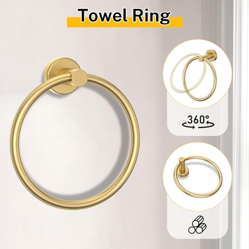 Brushed Gold Bathroom Hardware Set 5 Pieces Towel Bar Set Round Towel Holder Set for Bathroom,Upgraded Toilet Paper Holder with Shelf,Stainless Steel Wall Mounted 23.6 Inch - color: Gold