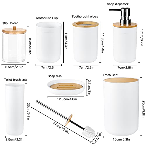 Otostar Bamboo Bathroom Accessory Set 6 Piece Bathroom Accessories Set Plastic Gifts Bath Set with Toothbrush Holder Soap Dispenser Qtip Holder Tumbler Soap Dish Toilet Brush Holder Trash Can (White) - style: A-White Bamboo Cover Set