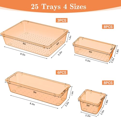 SpaceHacks 25 PCS Plastic Drawer Organizer Set, 4-Size Versatile Organizer Trays & storage Bins for Makeup, Jewelry, and Gadgets in Bathroom, Bedroom and Office,Orange - color: Orange