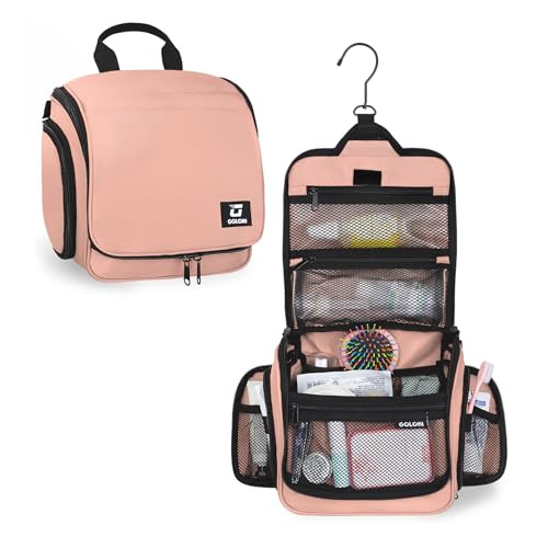 Goloni Hanging Toiletry Bag, 10 Compartments Water-Resistant Makeup Bag with 360° Spinning Metal Hook, Large Travel Cosmetic Organizer for Men & Women, Pink (7.05oz) - color: Pink