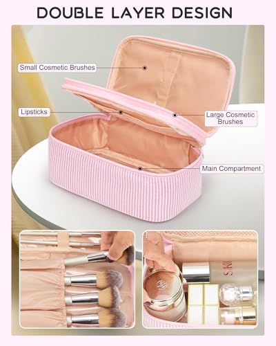 Relavel Cute Makeup Bag for Girls, Portable Pink Cosmetic Bag, Dual-layer Makeup Pouch with Brush Holder, Multi-Functional Preppy Toiletry Organizer for Travel, Daily Use - Pink Strip - color: 01-Pink Strip, size: MEDIUM